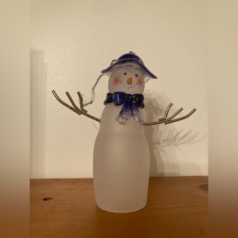 Snowman Frosted & Clear Glass Ornament With Blue Scarf and Hat